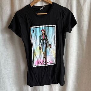 Cotton Heritage Womens La Dama Graphic Tee Size XL Black Art Loteria Latina
